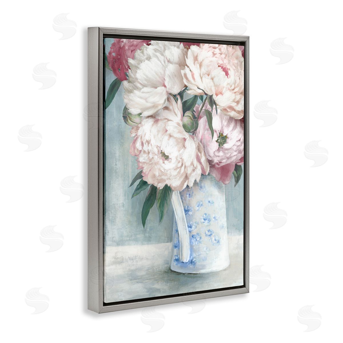 Peony Blossom Vase Grey Floating Frame Canvas Wall Art, Home Decor by Alex Black