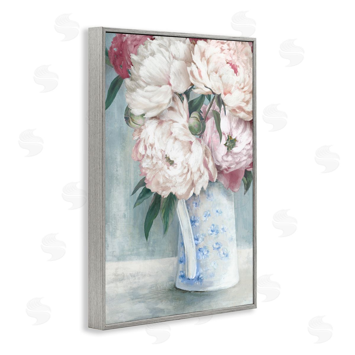 Peony Blossom Vase Grey Frame Print Wall Art, Home Decor by Alex Black