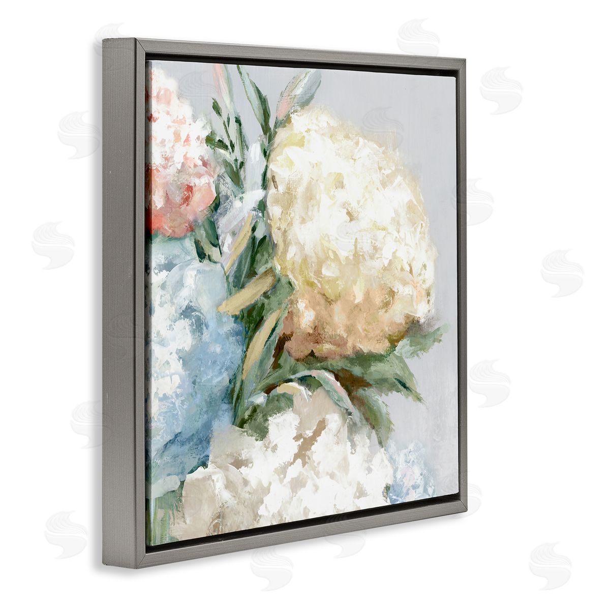Close Up Hydrangea Blossom Grey Floating Frame Canvas Wall Art, Home Decor by Alex Black