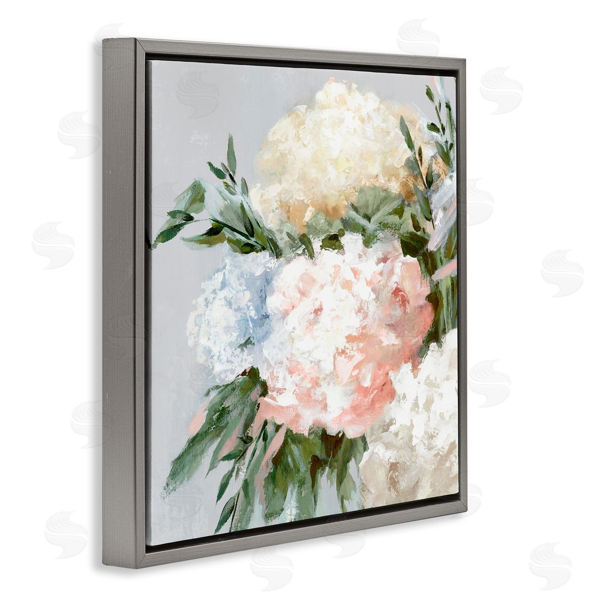 Pastel Hydrangea Blossoms Grey Floating Frame Canvas Wall Art, Home Decor by Alex Black