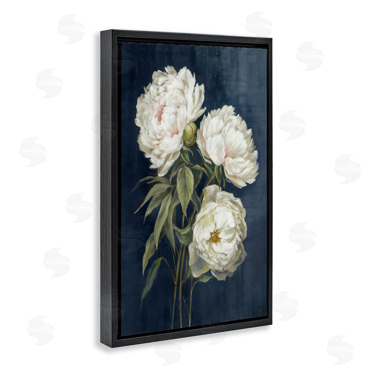 White Blossoms on Blue Black Floating Frame Canvas Wall Art, Home Decor by Alex Black