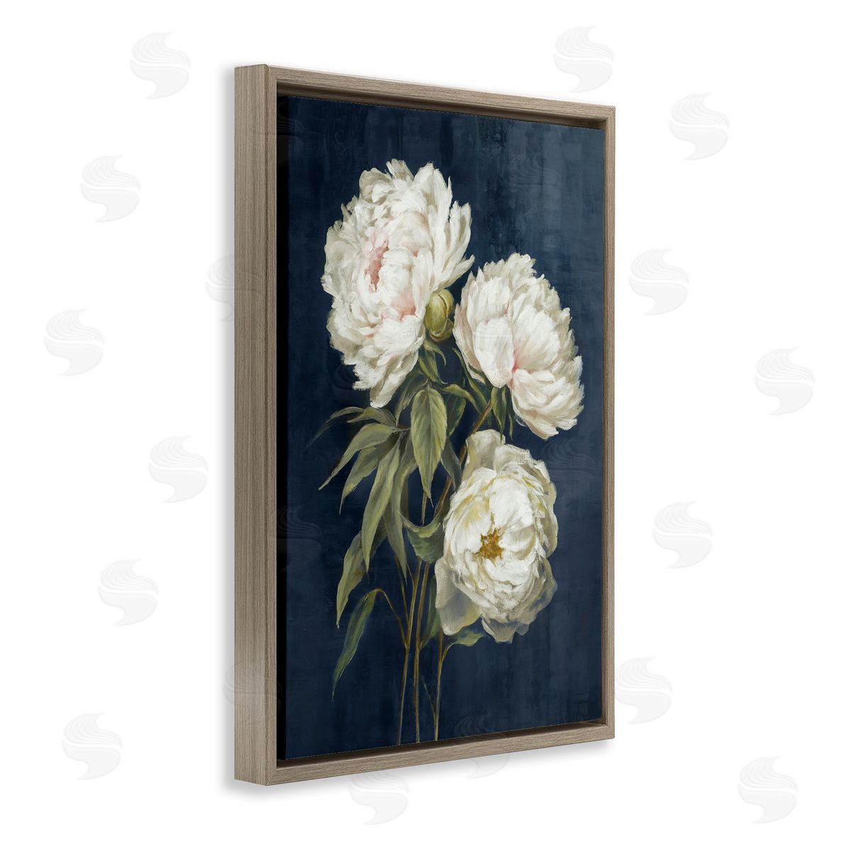 White Blossoms on Blue Brown Floating Frame Canvas Wall Art, Home Decor by Alex Black