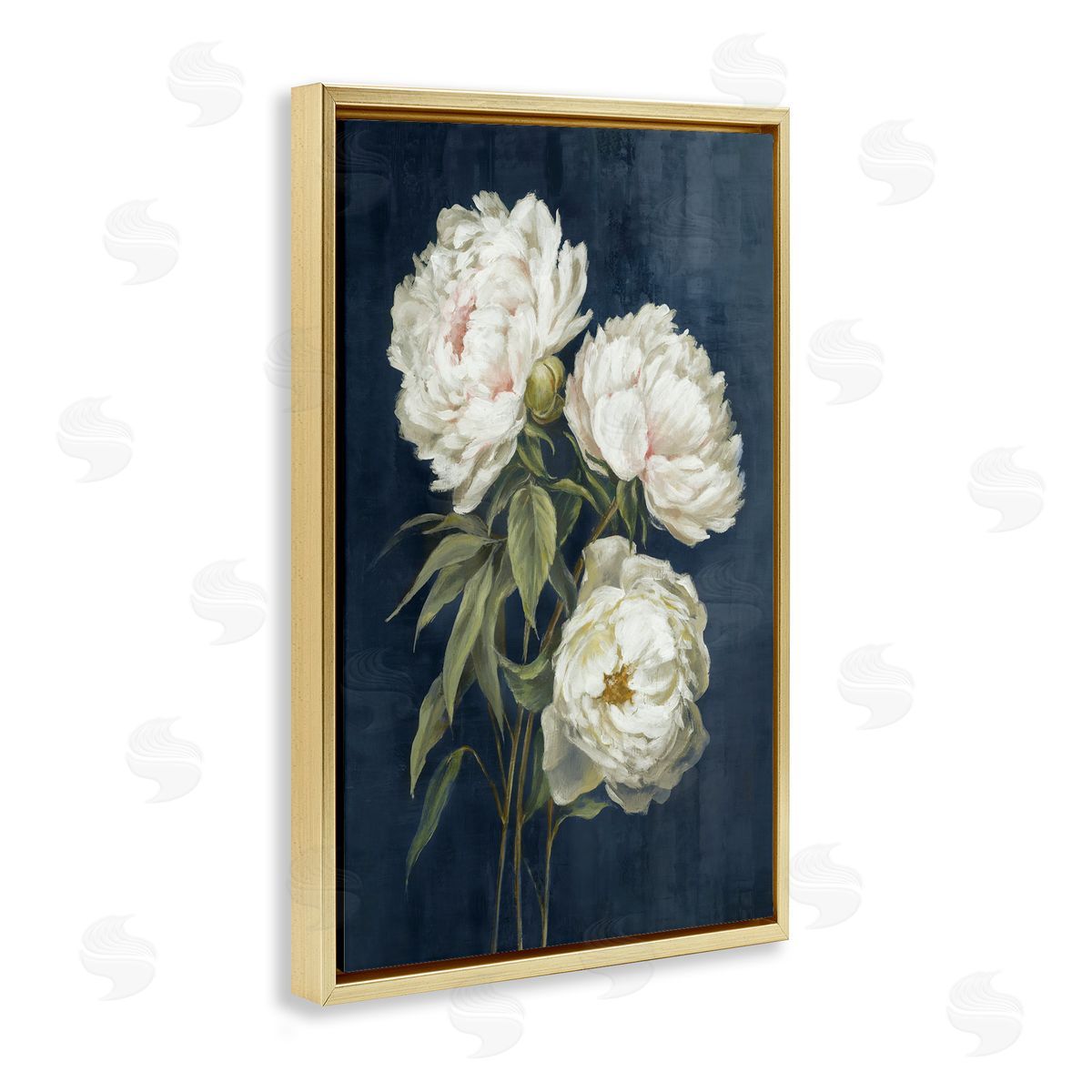 White Blossoms on Blue Gold Floating Frame Canvas Wall Art, Home Decor by Alex Black