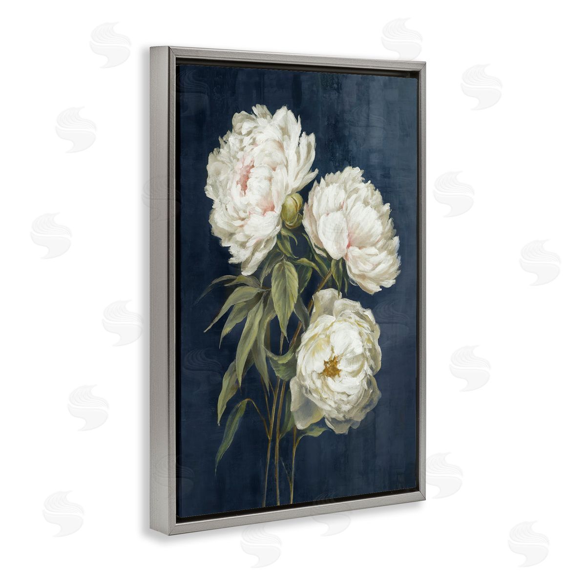 White Blossoms on Blue Grey Floating Frame Canvas Wall Art, Home Decor by Alex Black