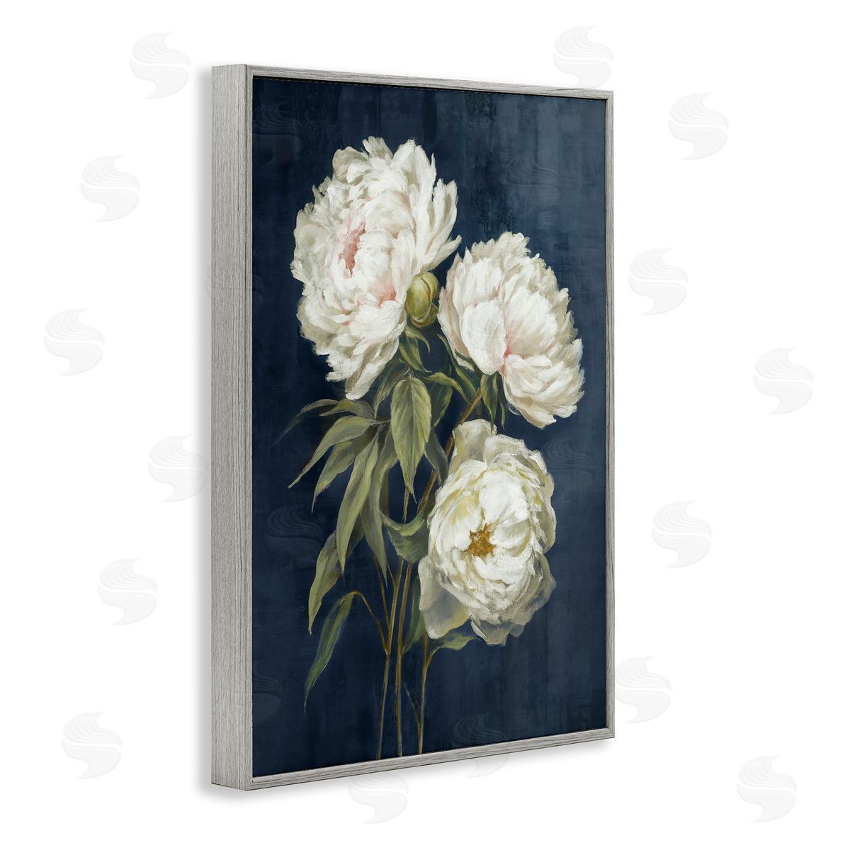 White Blossoms on Blue Grey Frame Print Wall Art, Home Decor by Alex Black