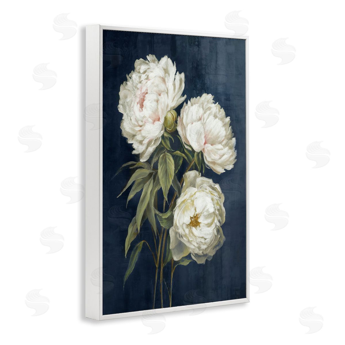 White Blossoms on Blue White Frame Print Wall Art, Home Decor by Alex Black