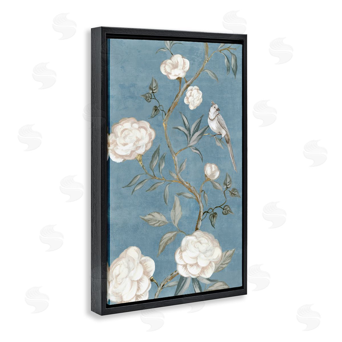 Bird on Traditional Florals Black Floating Frame Canvas Wall Art, Home Decor by Alex Black