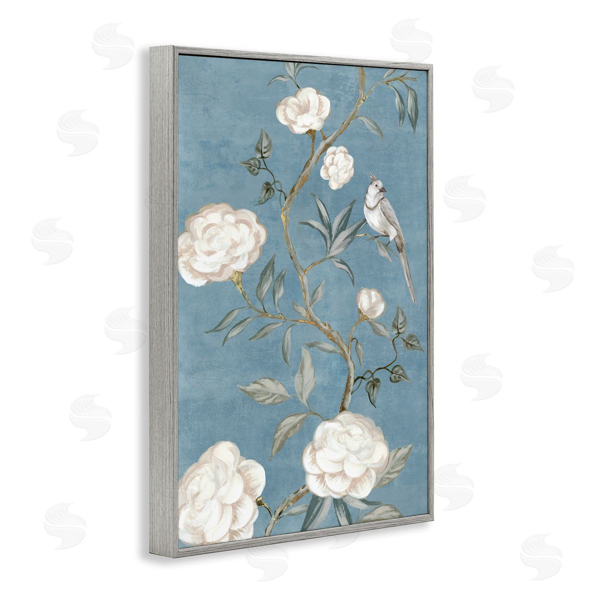 Bird on Traditional Florals Grey Frame Print Wall Art, Home Decor by Alex Black
