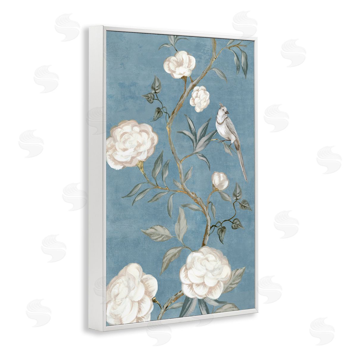 Bird on Traditional Florals White Frame Print Wall Art, Home Decor by Alex Black