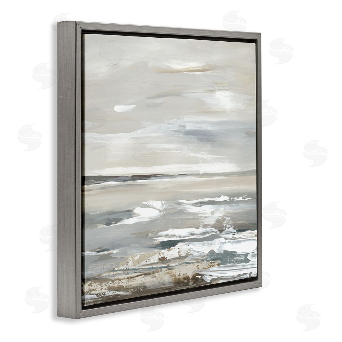 White Waves Impression Grey Floating Frame Canvas Wall Art, Home Decor by Lera