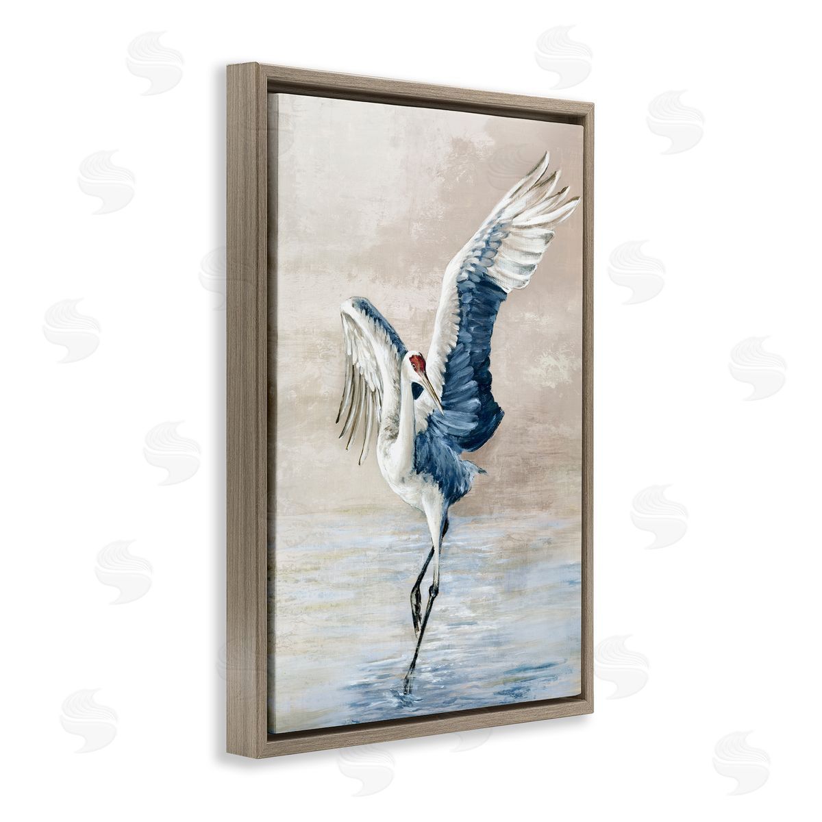 Dancing Crane on Shore Brown Floating Frame Canvas Wall Art, Home Decor by Eli Jones