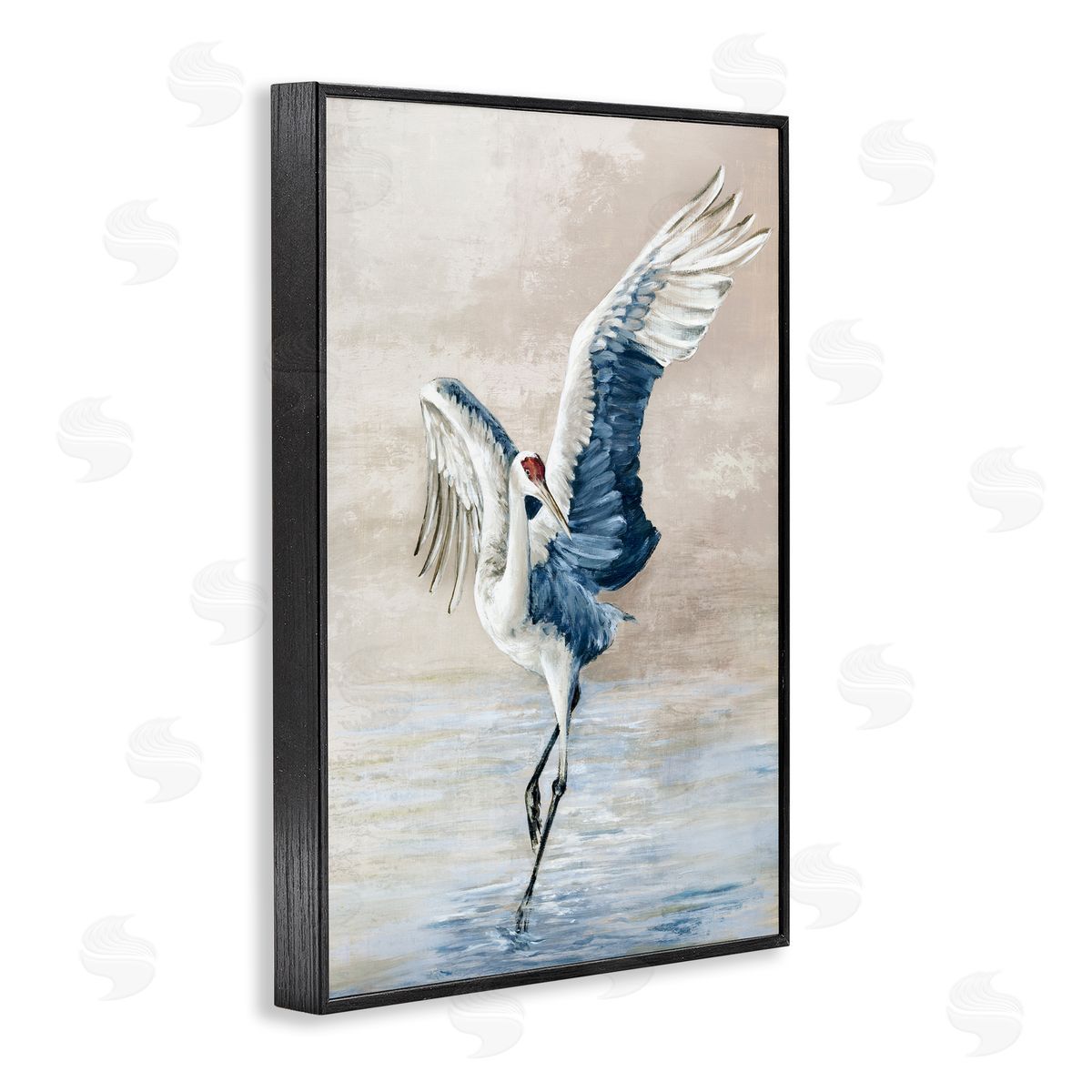 Dancing Crane on Shore Black Frame Print Wall Art, Home Decor by Eli Jones