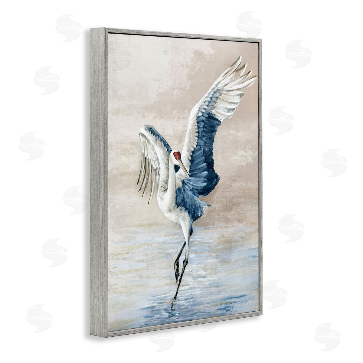 Dancing Crane on Shore Grey Frame Print Wall Art, Home Decor by Eli Jones