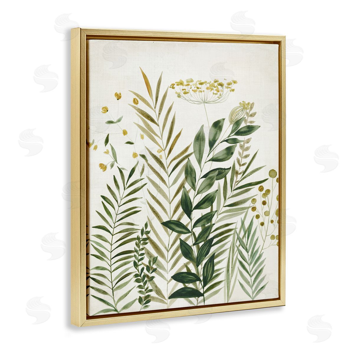 Palm Leaves & Herbs Gold Floating Frame Canvas Wall Art, Home Decor by Hannah Dawson