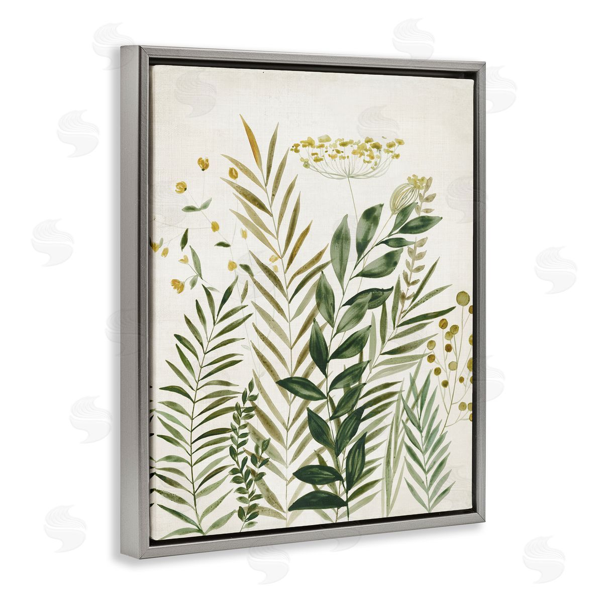 Palm Leaves & Herbs Grey Floating Frame Canvas Wall Art, Home Decor by Hannah Dawson