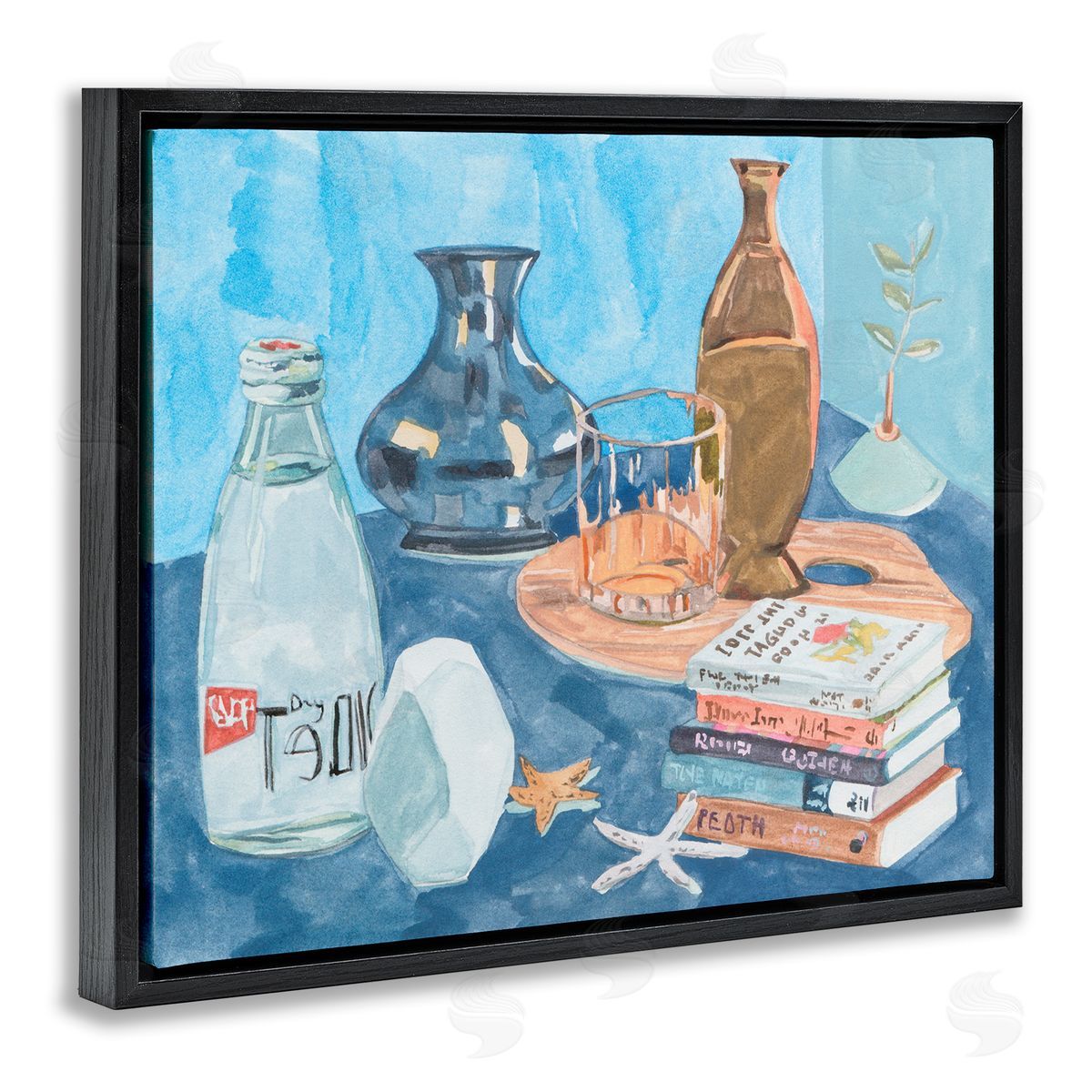 Still Life with Book Stack Black Floating Frame Canvas Wall Art, Home Decor by Melissa Wang