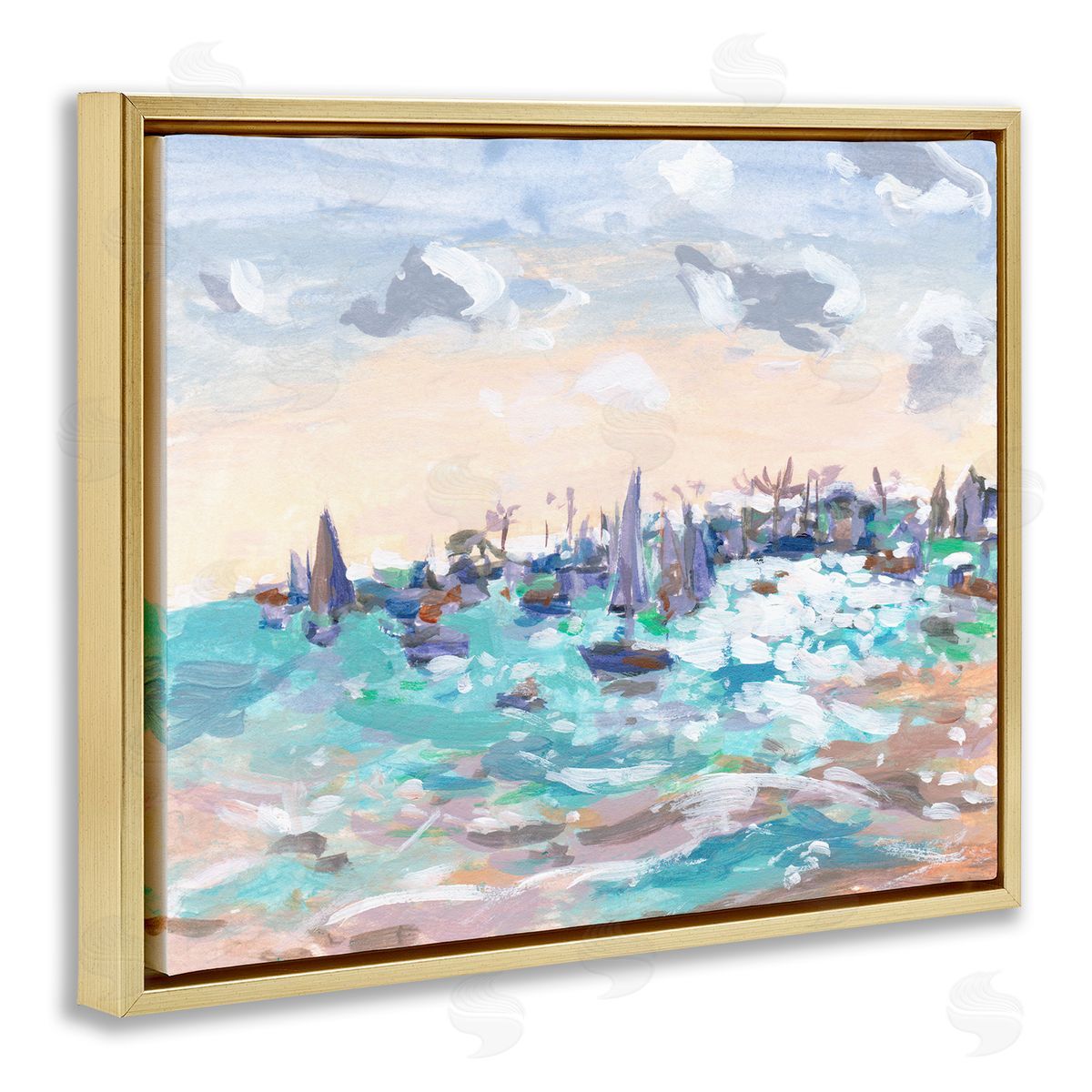 Sailboats in Rushing Waves Gold Floating Frame Canvas Wall Art, Home Decor by Melissa Wang