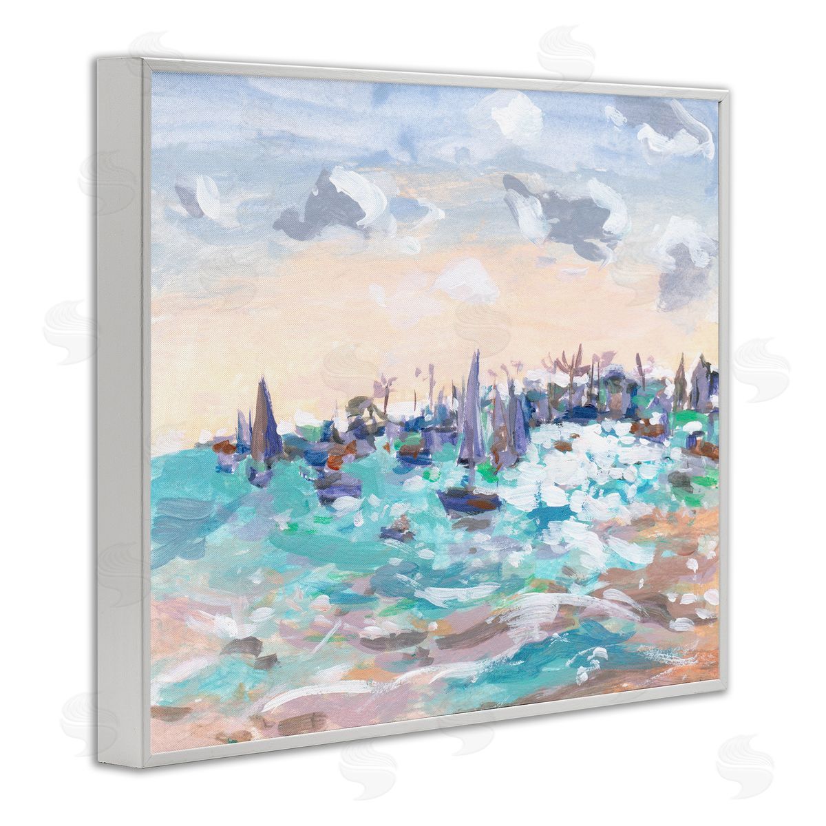 Sailboats in Rushing Waves White Frame Print Wall Art, Home Decor by Melissa Wang