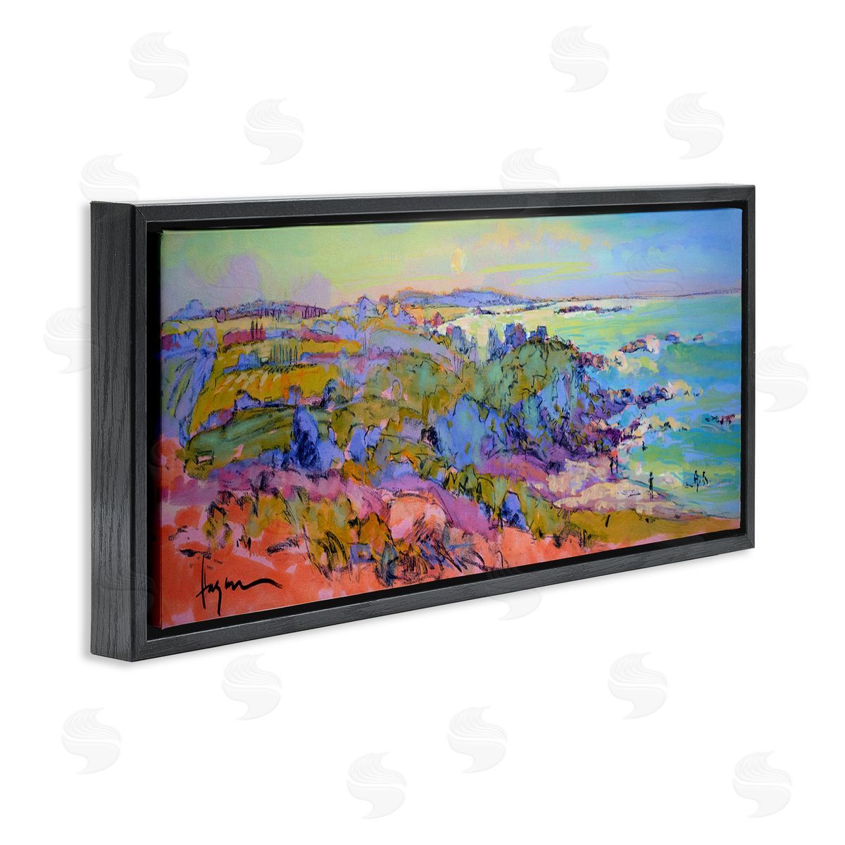 Sunset Beachgoers View Black Floating Frame Canvas Wall Art, Home Decor by June Erica Vess