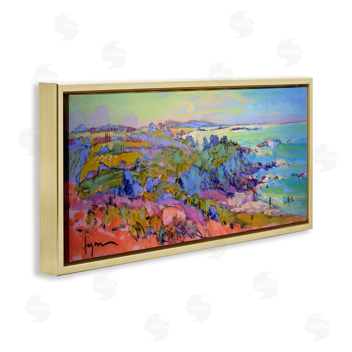 Sunset Beachgoers View Gold Floating Frame Canvas Wall Art, Home Decor by June Erica Vess
