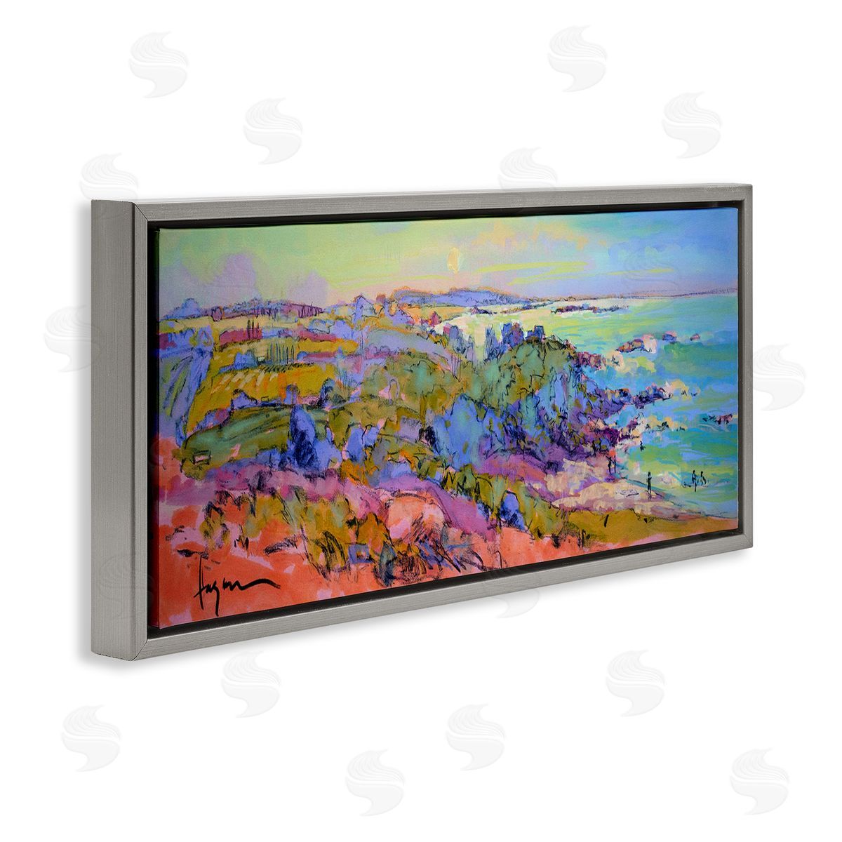 Sunset Beachgoers View Grey Floating Frame Canvas Wall Art, Home Decor by June Erica Vess
