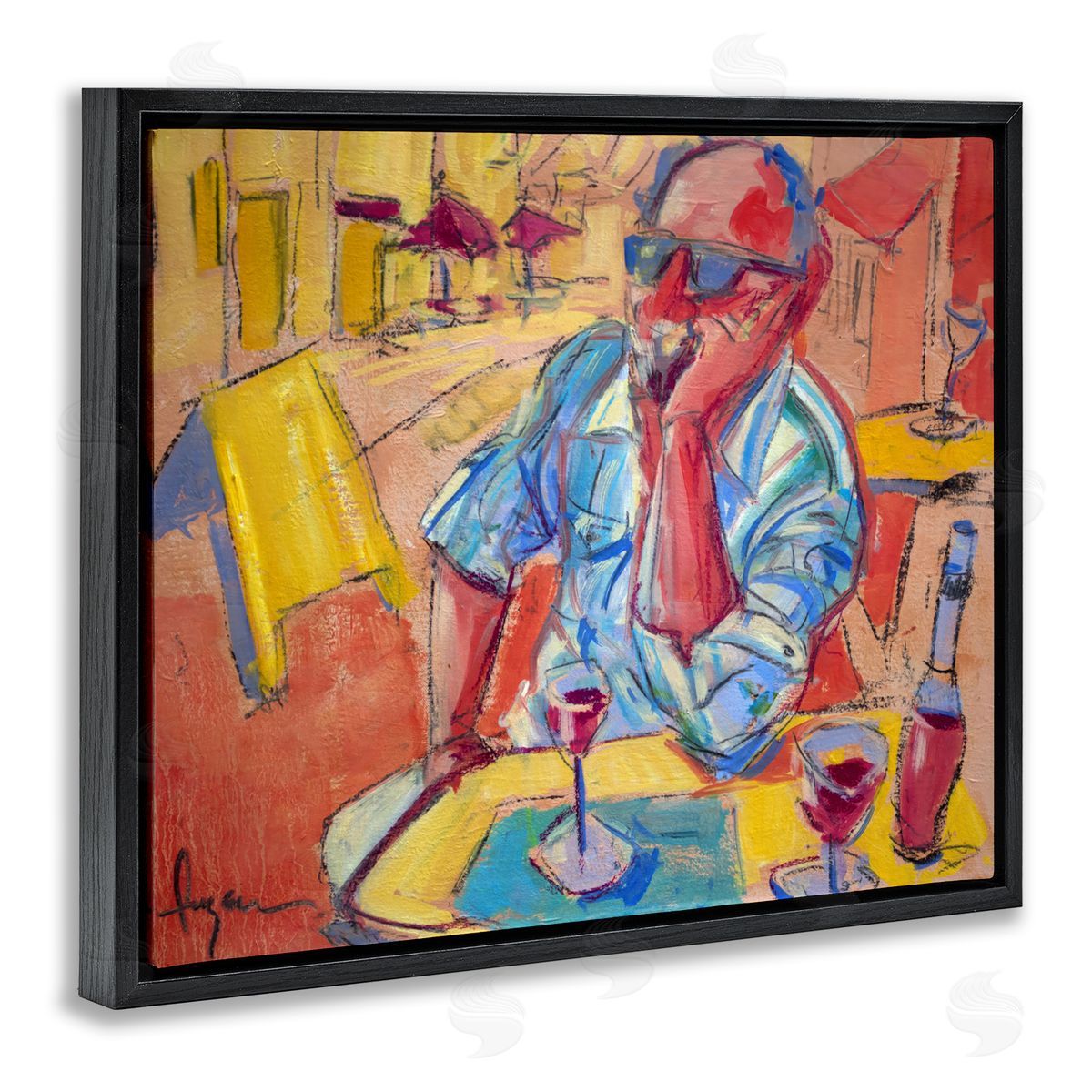 Man with Wine Portrait Black Floating Frame Canvas Wall Art, Home Decor by June Erica Vess