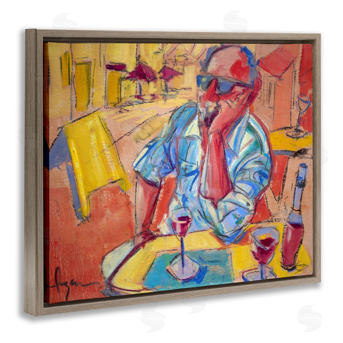Man with Wine Portrait Brown Floating Frame Canvas Wall Art, Home Decor by June Erica Vess