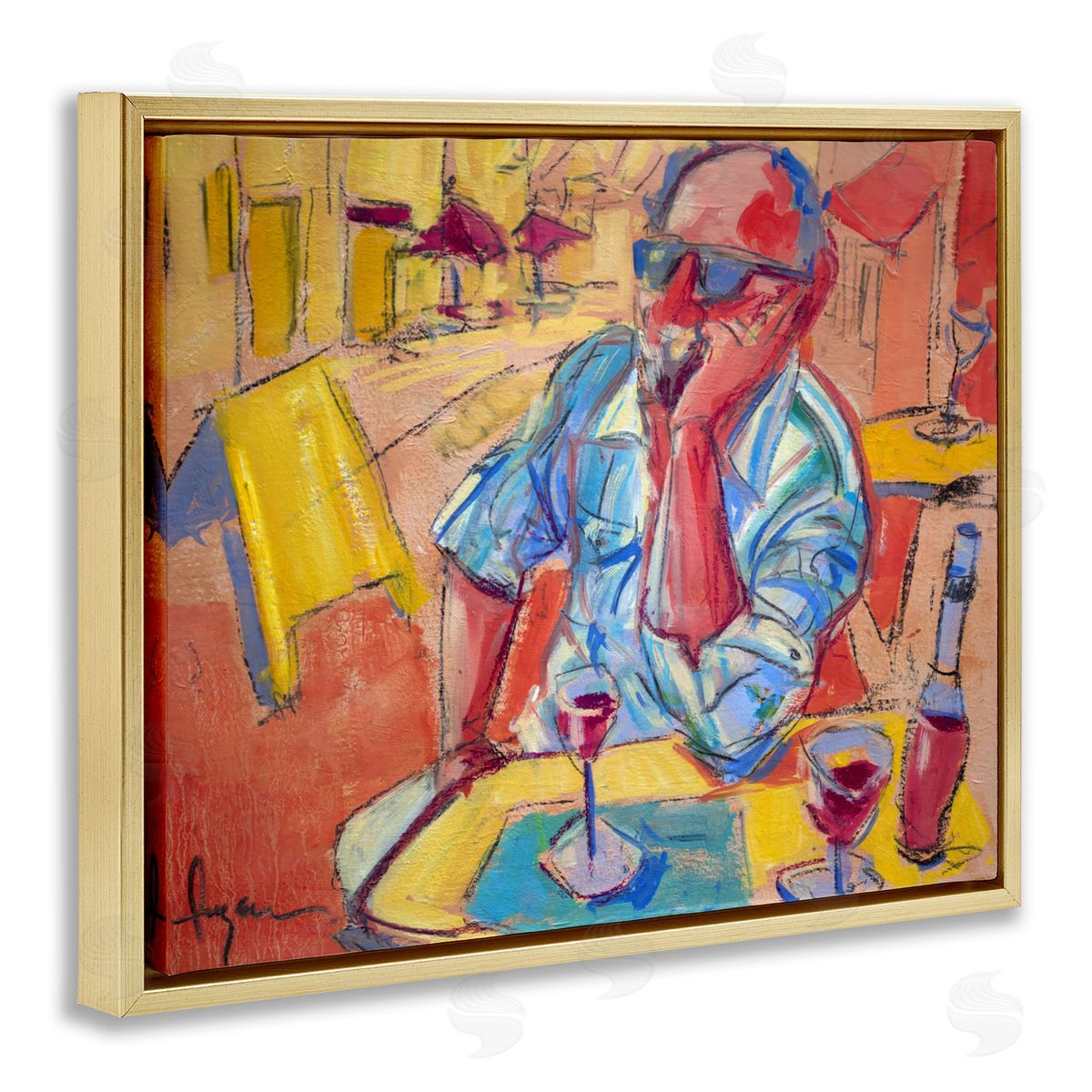 Man with Wine Portrait Gold Floating Frame Canvas Wall Art, Home Decor by June Erica Vess