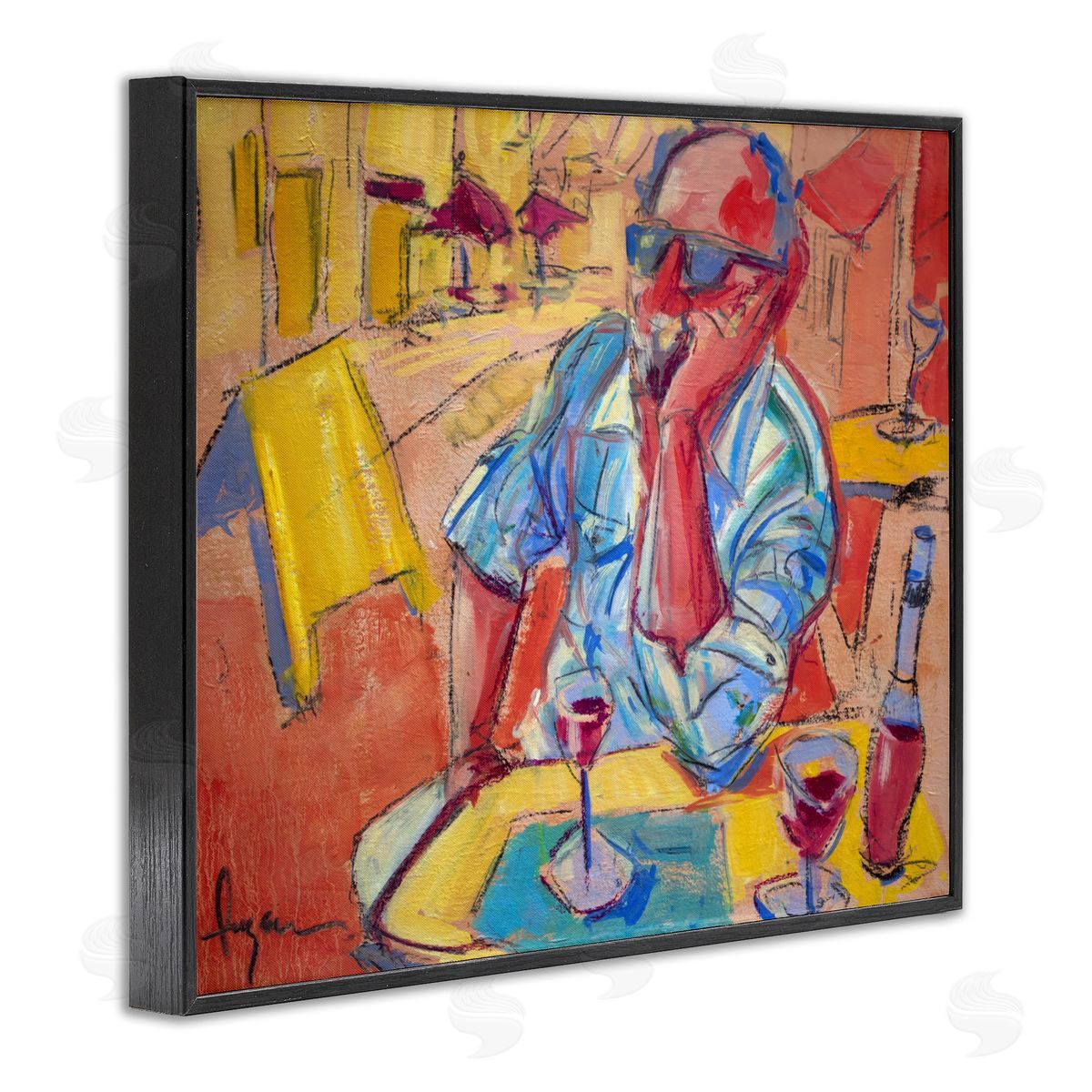 Man with Wine Portrait Black Frame Print Wall Art, Home Decor by June Erica Vess