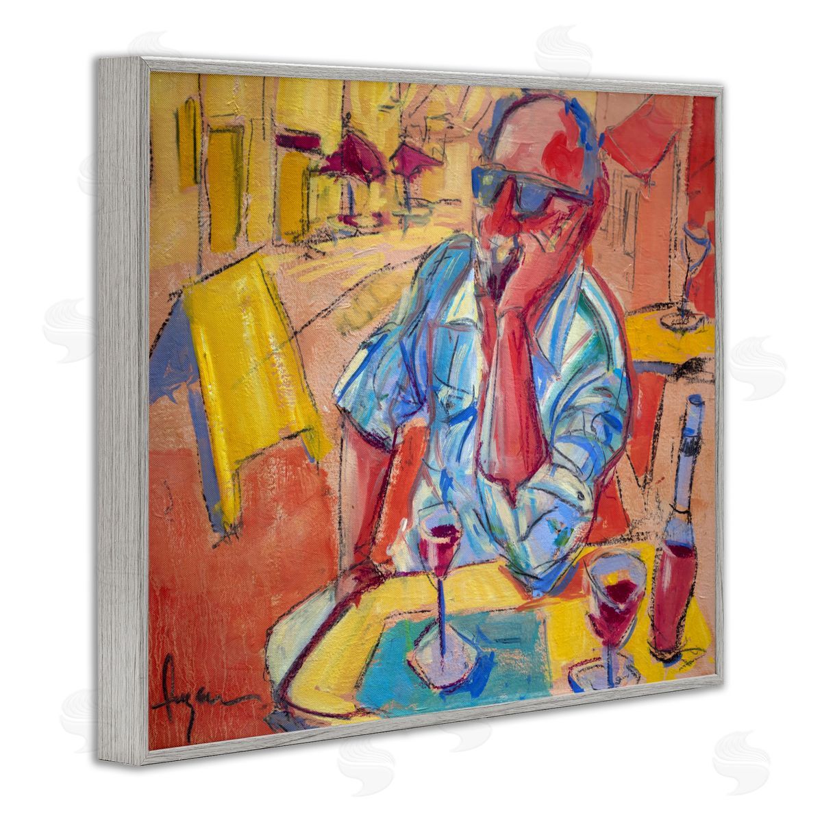 Man with Wine Portrait Grey Frame Print Wall Art, Home Decor by June Erica Vess