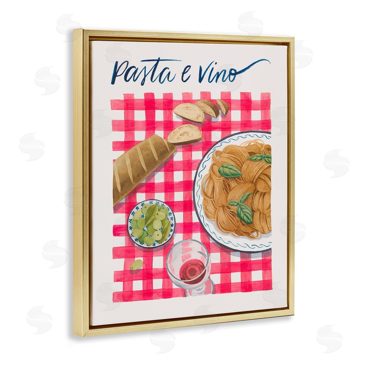 Pasta & Wine on Tartan Gold Floating Frame Canvas Wall Art, Home Decor by Grace Popp