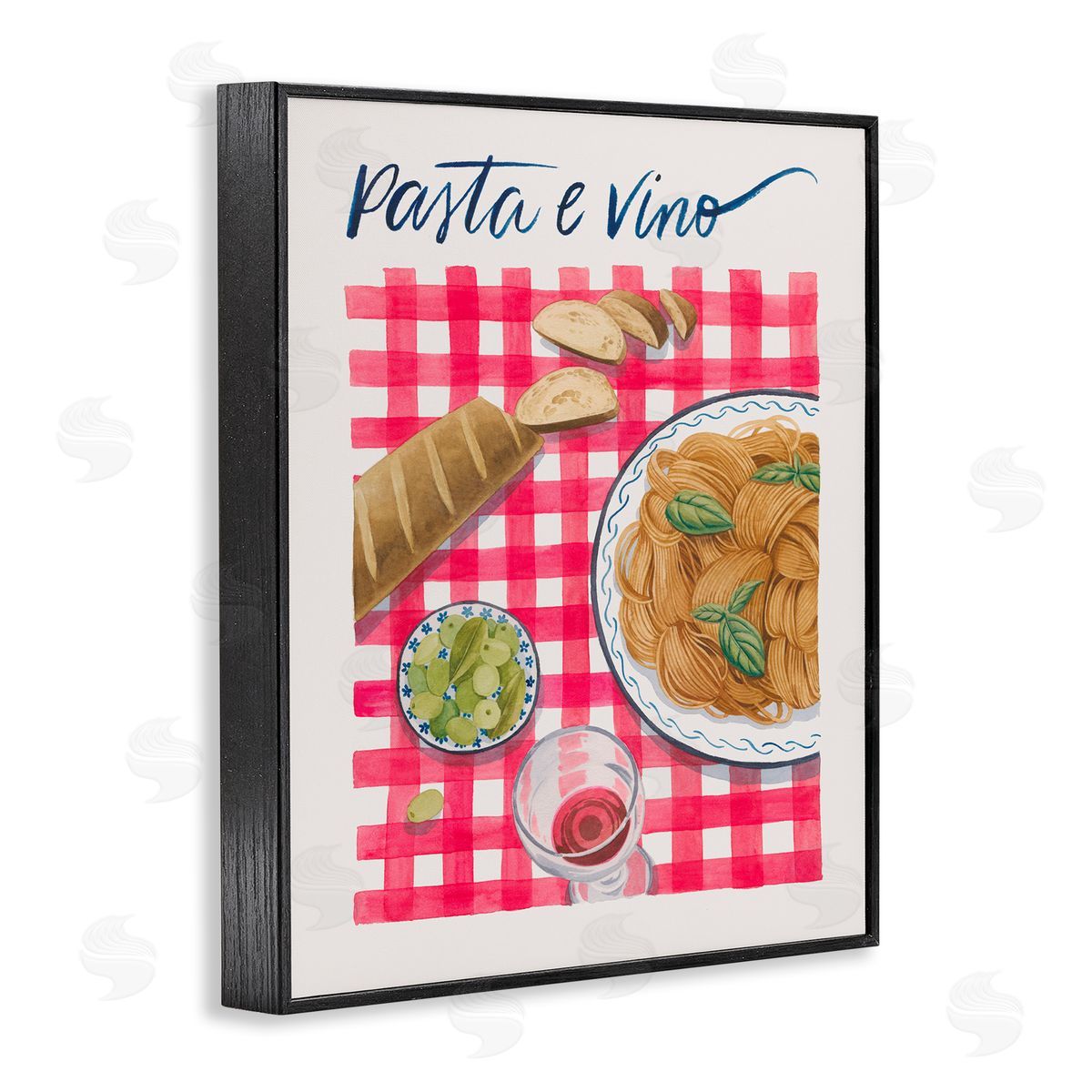 Pasta & Wine on Tartan Black Frame Print Wall Art, Home Decor by Grace Popp