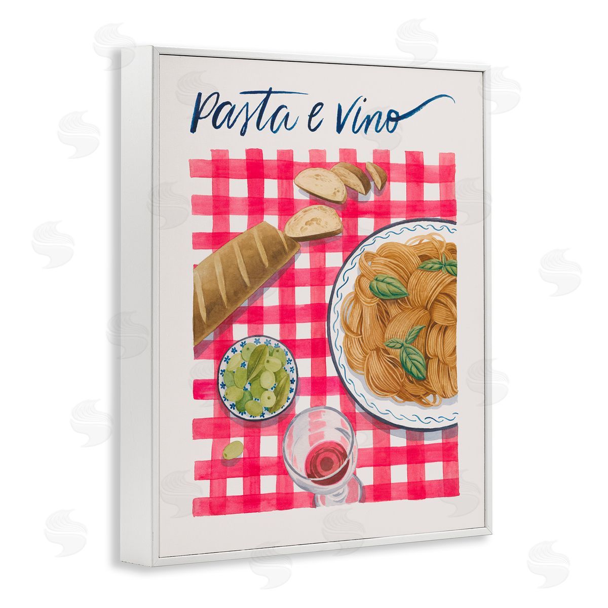 Pasta & Wine on Tartan White Frame Print Wall Art, Home Decor by Grace Popp