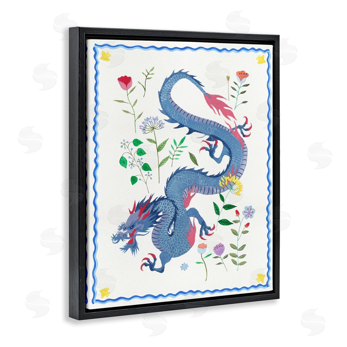 Blue Dragon & Botanicals Black Floating Frame Canvas Wall Art, Home Decor by Melissa Wang