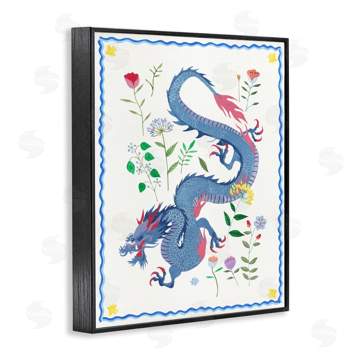 Blue Dragon & Botanicals Black Frame Print Wall Art, Home Decor by Melissa Wang