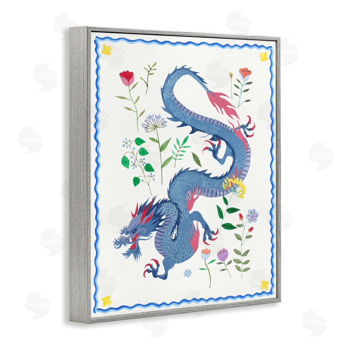 Blue Dragon & Botanicals Grey Frame Print Wall Art, Home Decor by Melissa Wang