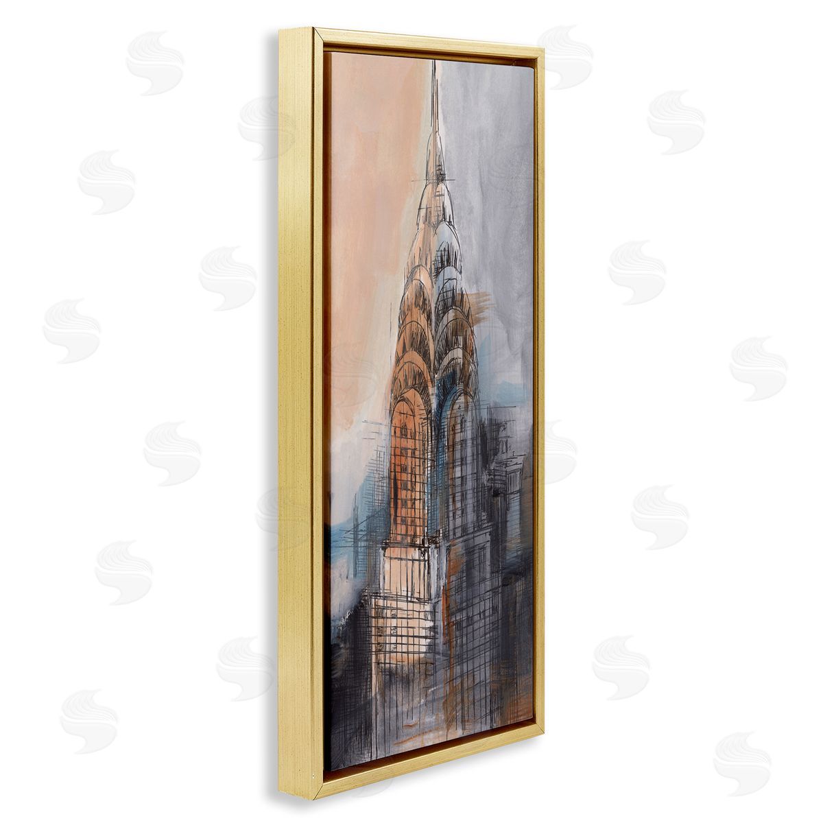City Tower Sketch Gold Floating Frame Canvas Wall Art, Home Decor by Ethan Harper