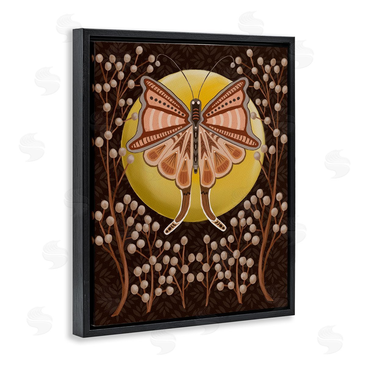 Moth with Pussy Willows Black Floating Frame Canvas Wall Art, Home Decor by Regina Moore