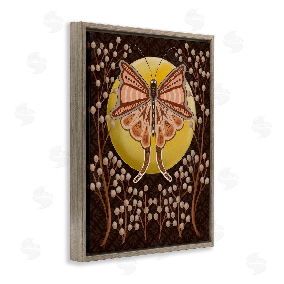 Moth with Pussy Willows Brown Floating Frame Canvas Wall Art, Home Decor by Regina Moore