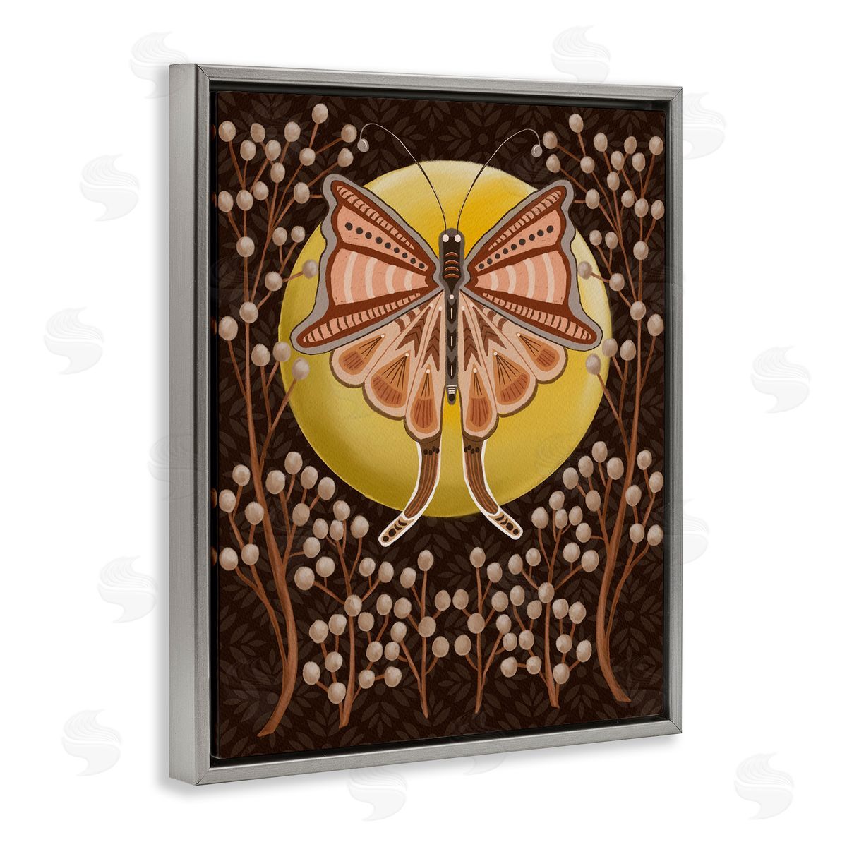 Moth with Pussy Willows Grey Floating Frame Canvas Wall Art, Home Decor by Regina Moore