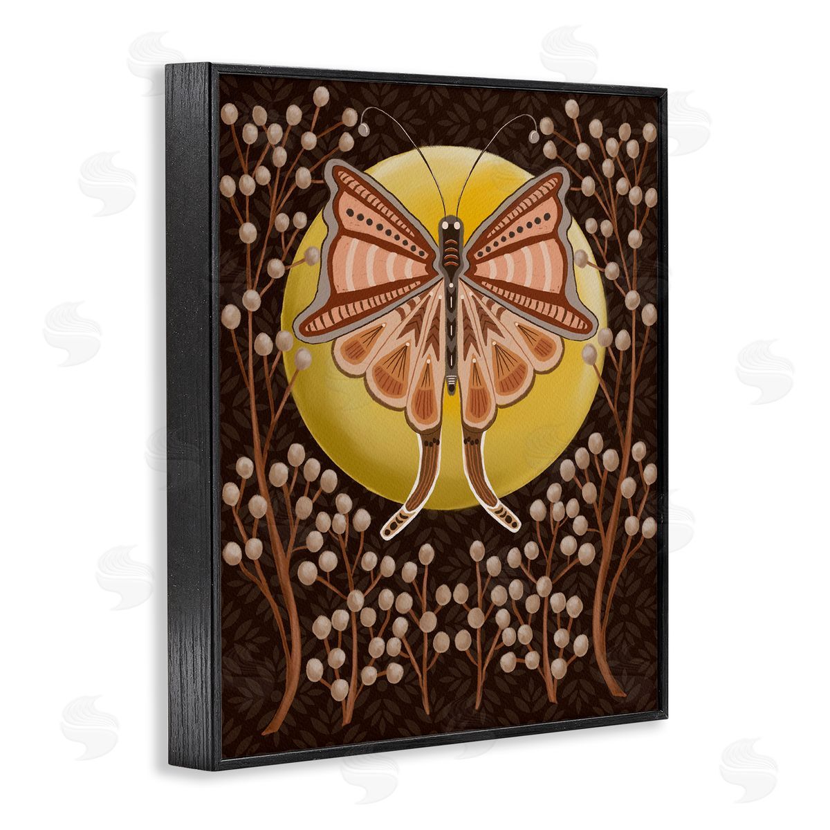 Moth with Pussy Willows Black Frame Print Wall Art, Home Decor by Regina Moore