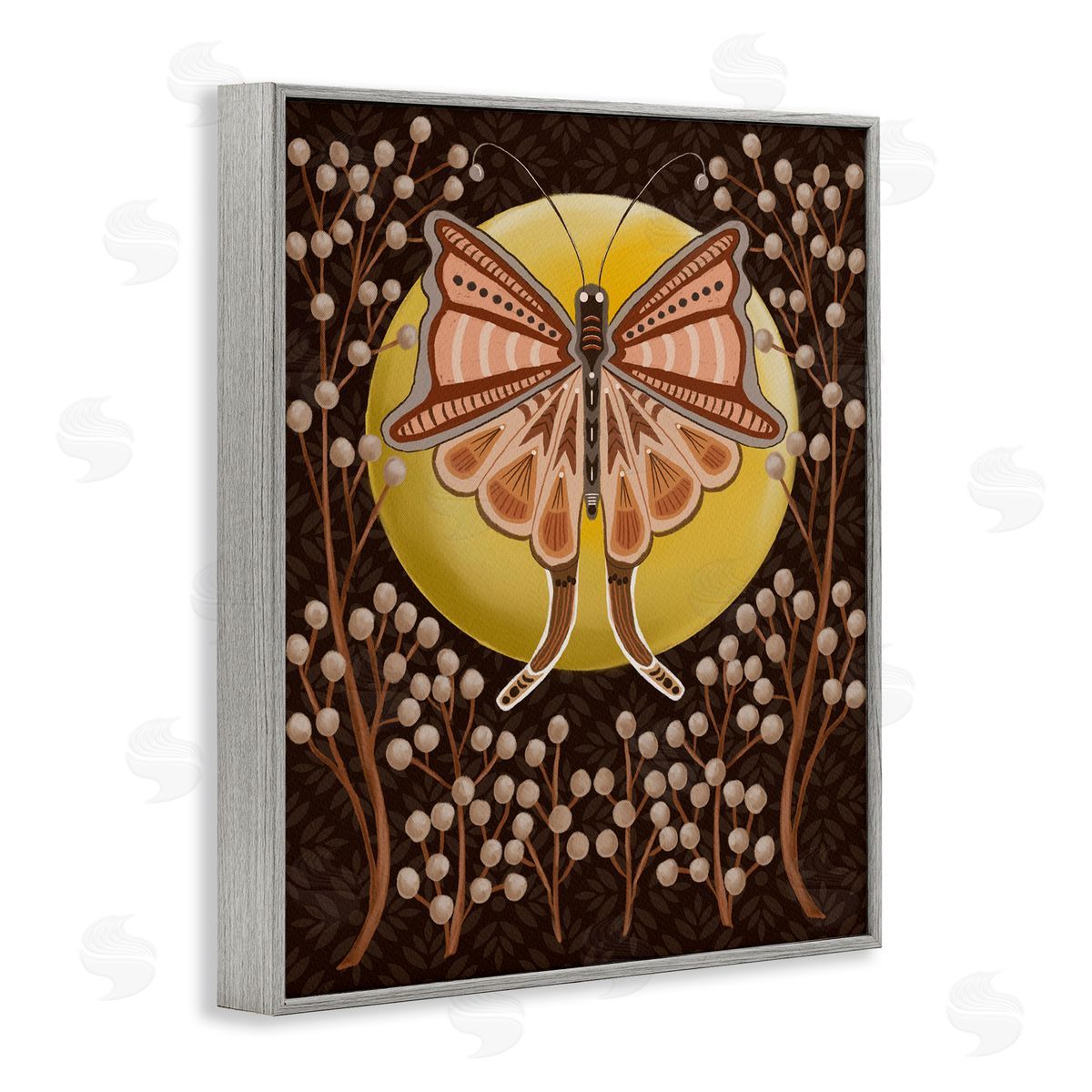 Moth with Pussy Willows Grey Frame Print Wall Art, Home Decor by Regina Moore