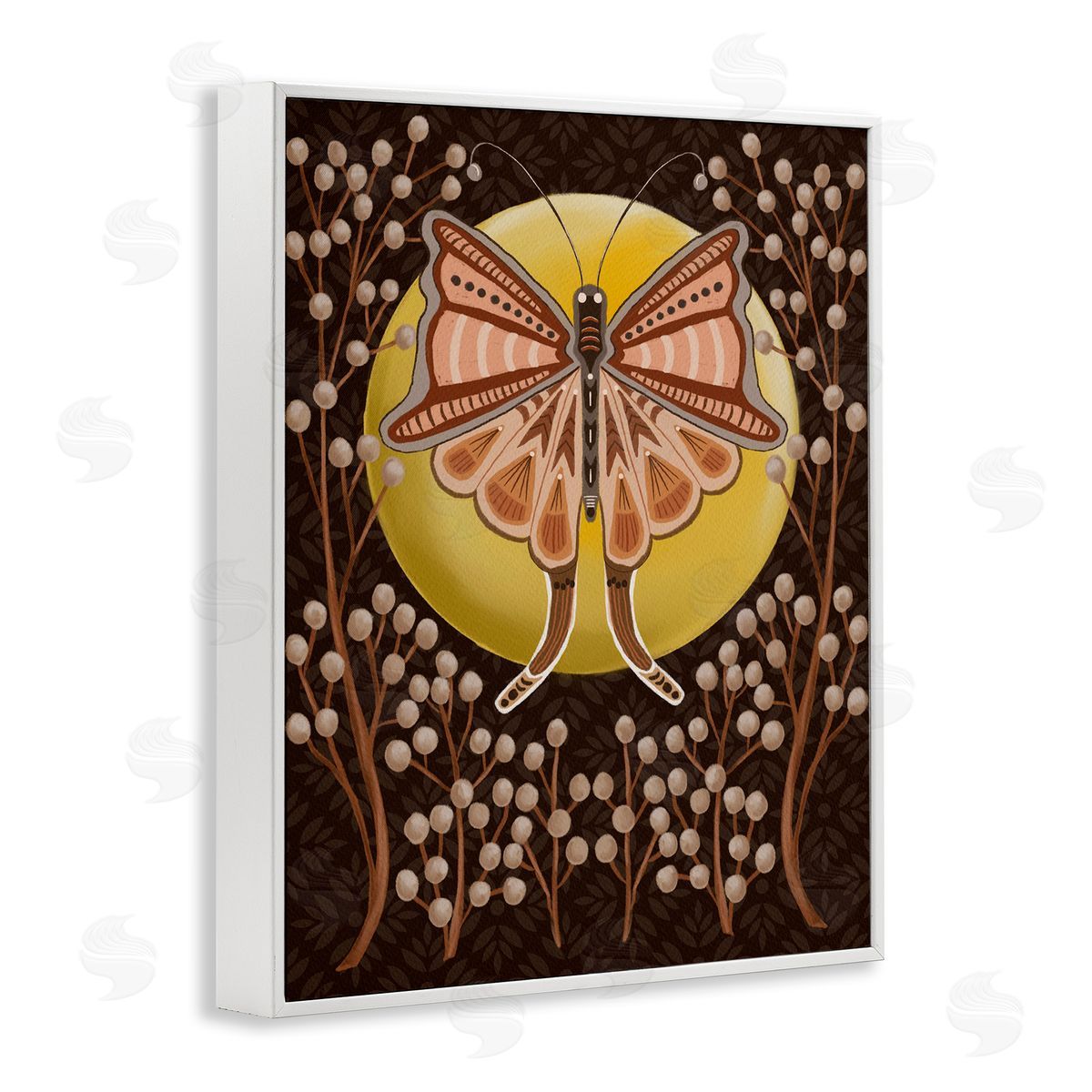 Moth with Pussy Willows White Frame Print Wall Art, Home Decor by Regina Moore