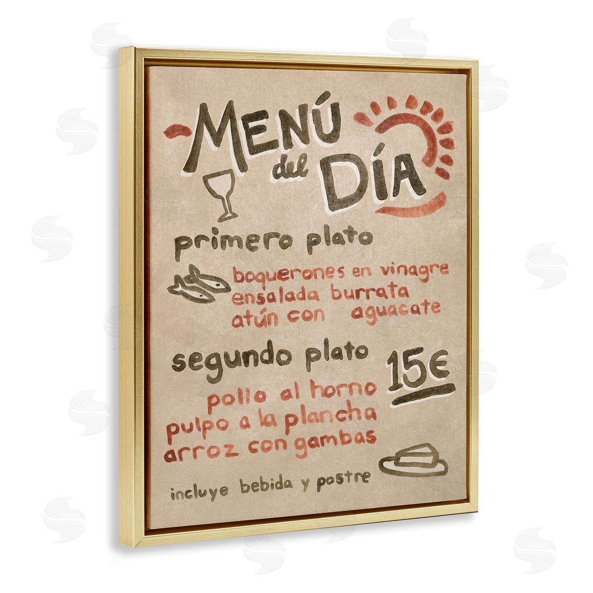 Spanish Restaurant Menu Gold Floating Frame Canvas Wall Art, Home Decor by June Erica Vess