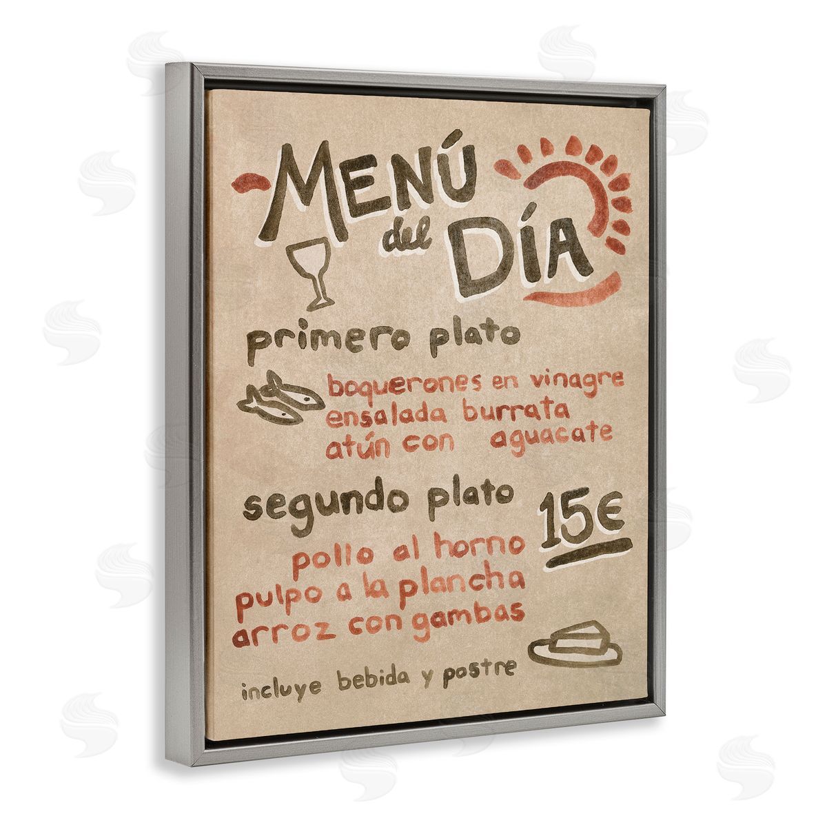 Spanish Restaurant Menu Grey Floating Frame Canvas Wall Art, Home Decor by June Erica Vess