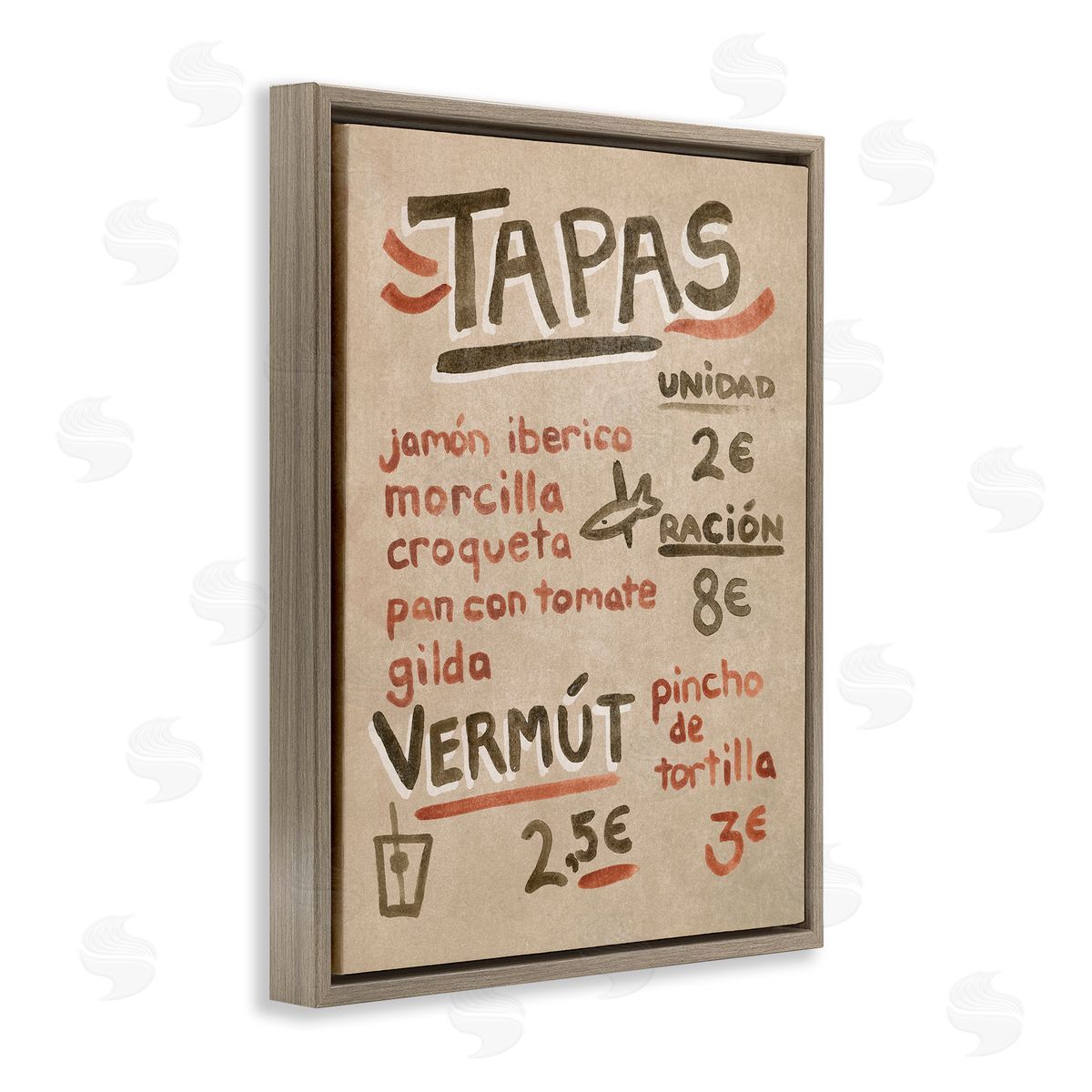 Spanish Tapas Menu Brown Floating Frame Canvas Wall Art, Home Decor by June Erica Vess