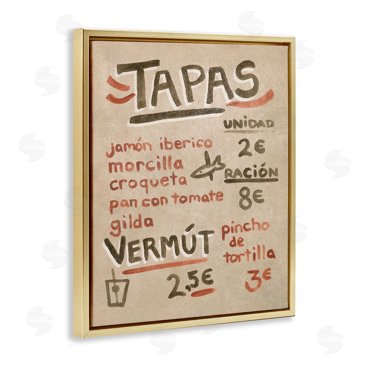 Spanish Tapas Menu Gold Floating Frame Canvas Wall Art, Home Decor by June Erica Vess