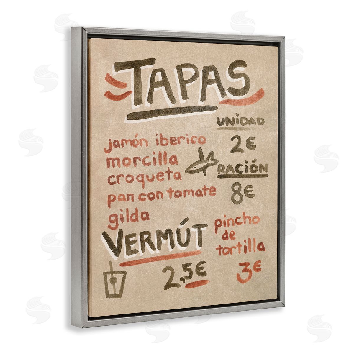 Spanish Tapas Menu Grey Floating Frame Canvas Wall Art, Home Decor by June Erica Vess
