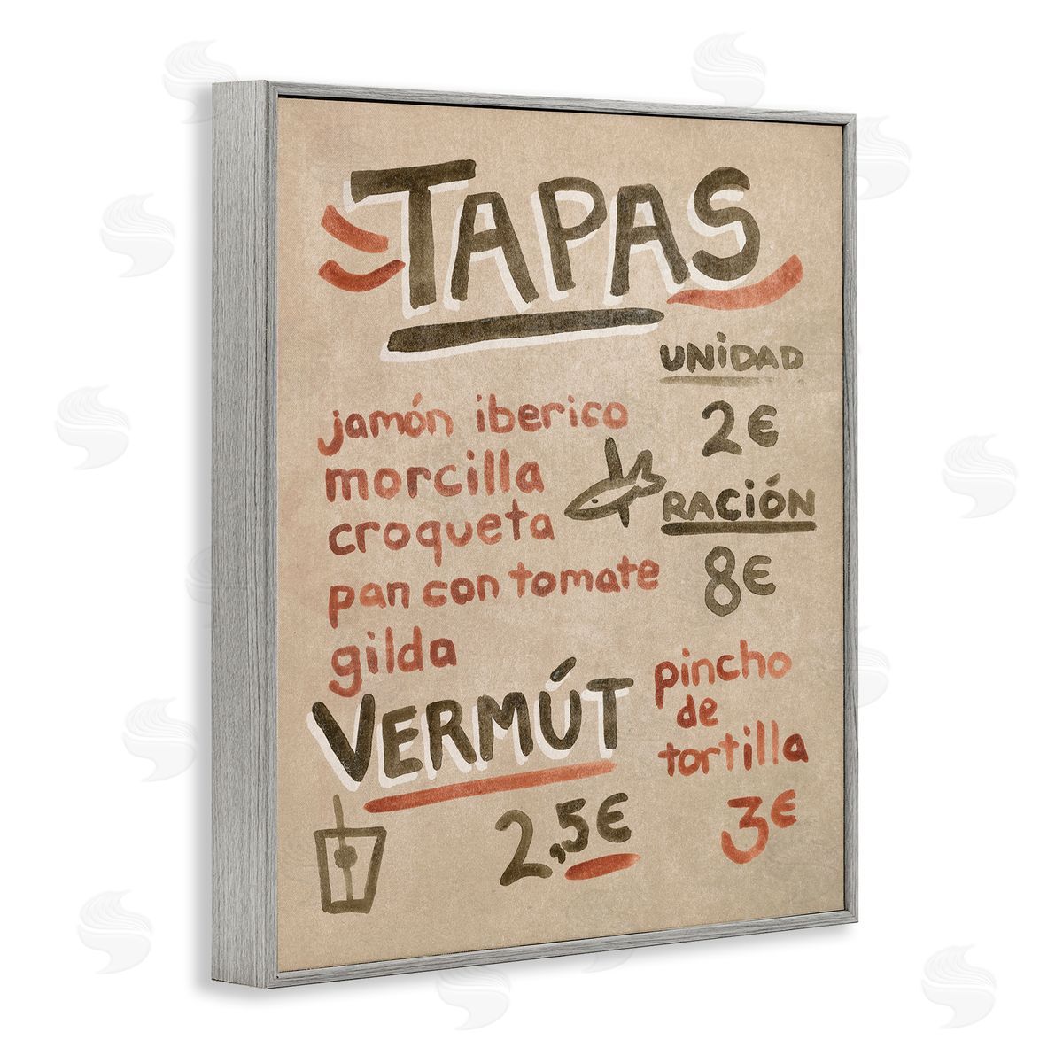 Spanish Tapas Menu Grey Frame Print Wall Art, Home Decor by June Erica Vess