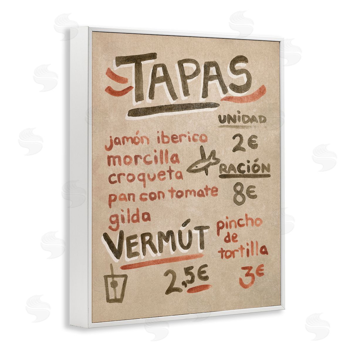 Spanish Tapas Menu White Frame Print Wall Art, Home Decor by June Erica Vess